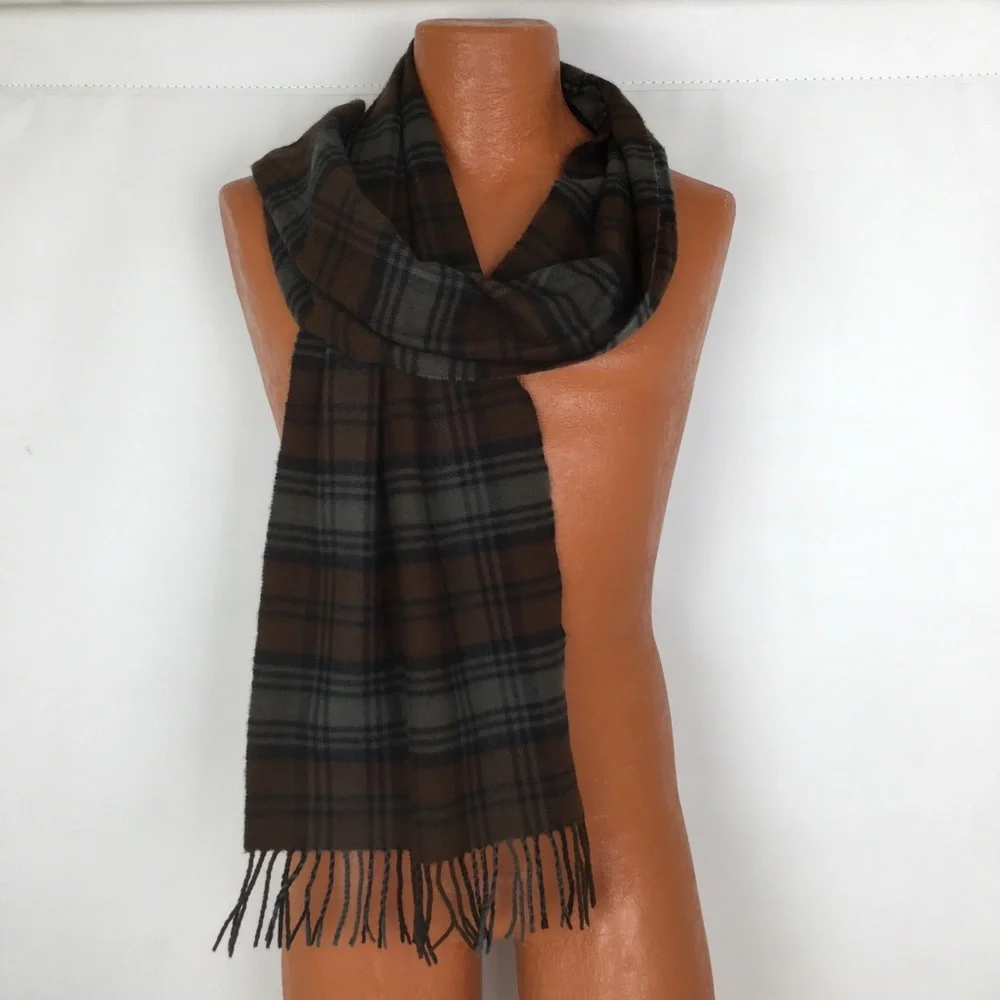 100% Cashmere Made in Scotland Chocolate Brown Latte Plaid Fringe Scarf Unisex